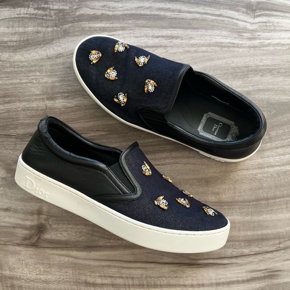 Christian Dior Navy Denim Leather Bee Slip-On Size 8 Women’s